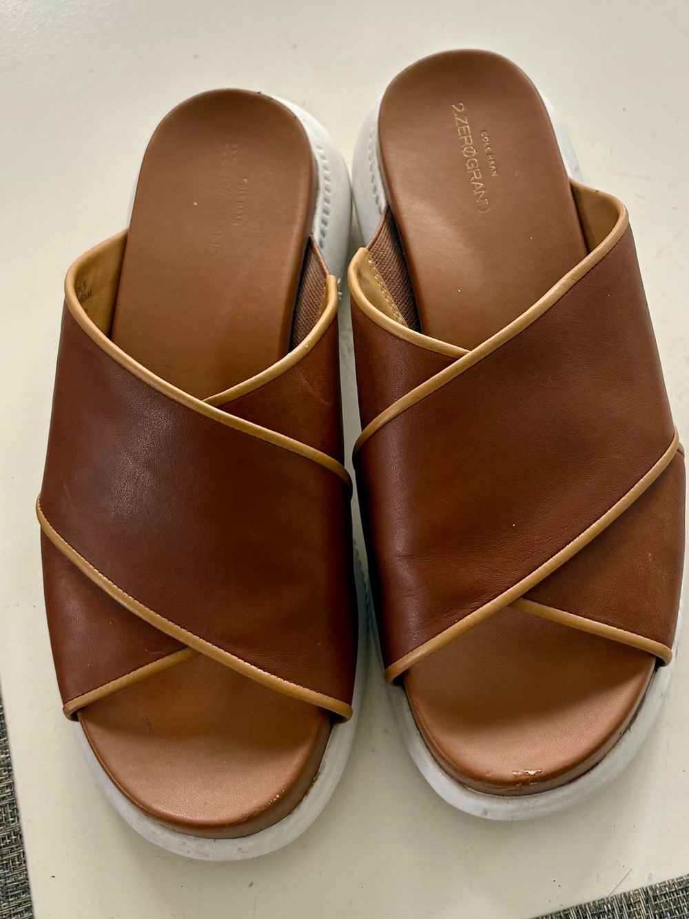 Cole Haan Brown Leather Crisscross Slide Mules with Tan Trim